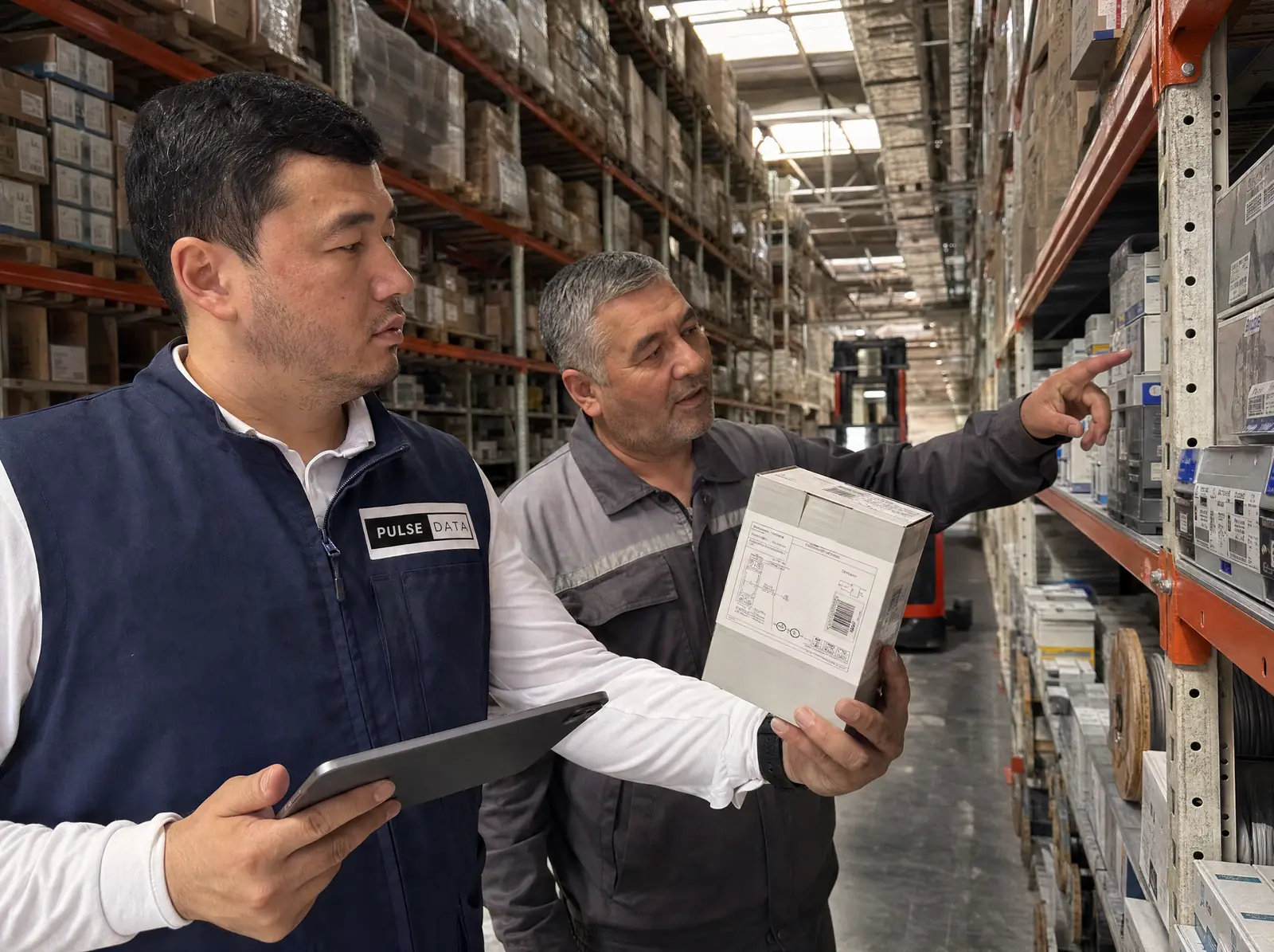 A Pulse Data employee and a warehouse lead checking goods in the warehouse